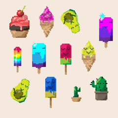 vector set of drawings in pixel style art. ice cream, cactus, pie