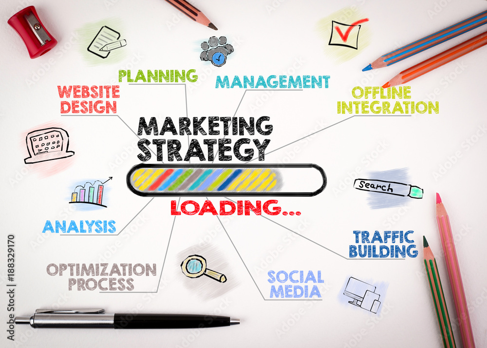 Sticker marketing strategy concept. chart with keywords and icons on white background.