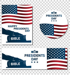 Presidents day illustration. President swears by the Bible. Silhouette of Hand on the Bible.  Banners set with American flag. Transparent background.