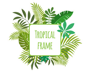 Square tropical frame, template with place for text. Vector illustration, isolated on white background.