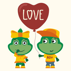 Love. Two funny frogs, boy and girl, with balloon-heart. Greeting card for Valentine's day.