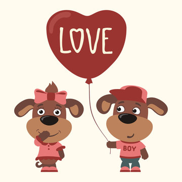 Love. Two funny puppies dogs, boy and girl, with balloon-heart. Greeting card for Valentine's day.