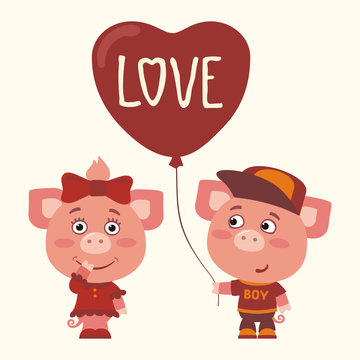 Love. Two funny pigs, boy and girl, with balloon-heart. Greeting card for Valentine's day.