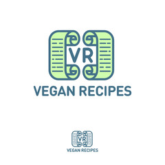 Vegan recipes logo. Vegan restaurant flat emblem, organic store, vegan shop. R and V letters.