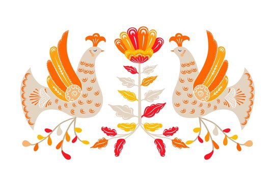 National folk ornament. Russian Boretskaya painting. Decorative elements birds, plants and flower ornament background. Background painting. North-Dvina painting. Postcard.