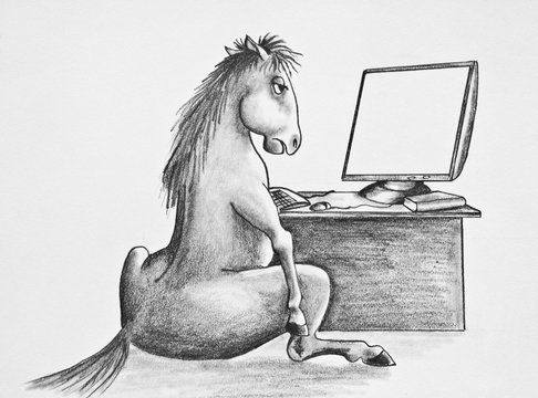 Horse sitting at the table with computer. Allegory hard work