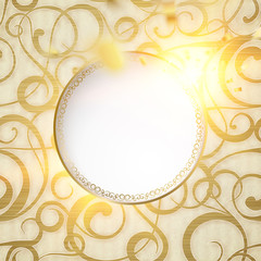 Happy new year card with a golden various swirls over fantasy background and circle hole in the center. Vector illustration.