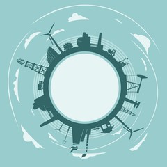 Circle with industry relative silhouettes. Objects located around the circle. Industrial design background. Field for text in the center.
