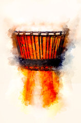Original african djembe drum with leather lamina and softly blurred watercolor background.