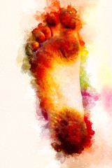 dirty foot man and softly blurred watercolor background.
