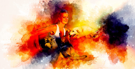 Woman with dogs and softly blurred watercolor background.
