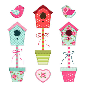 Cute retro spring and garden elements as fabric patch applique of bird house, flowers in pots and birds