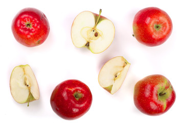 red apples with slices isolated on white background top view. Flat lay pattern