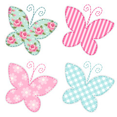 Fototapeta premium Cute primitive retro butterflies as textile patch applique