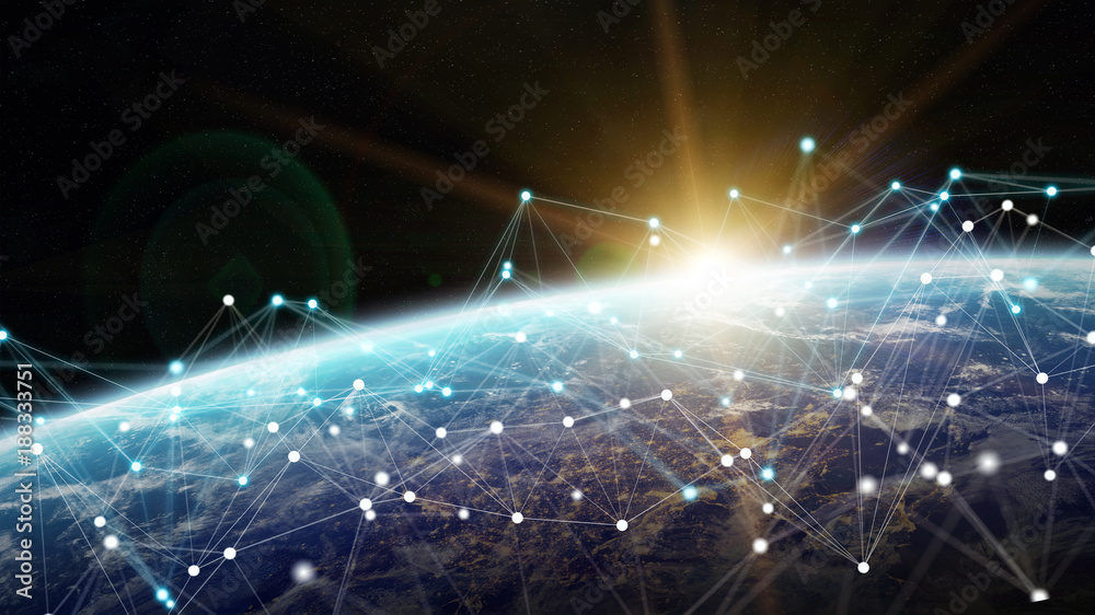 Fototapete connections system and datas exchanges on planet earth 3d rendering
