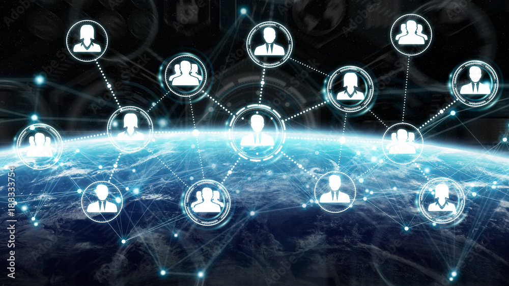 Poster Digital social network on planet Earth 3D rendering