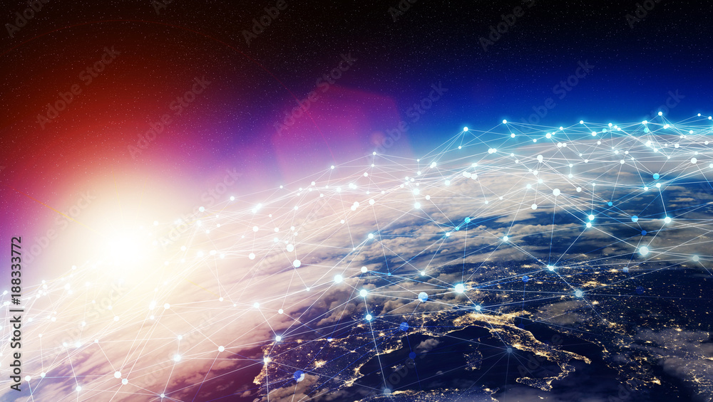 Poster Connections system and datas exchanges on planet Earth 3D rendering