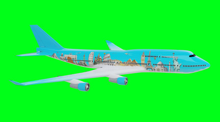 Plane with famous landmarks of the world 3D rendering