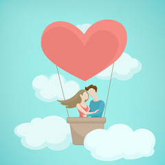 Valentine day concept illustration. Couple flying in big red heart shape air baloon. Man woman in love hugs. Romantic travel trip. Blue sky background with fluffy clouds. Vector design illustration.