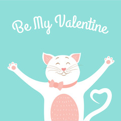 Valentine day lovely greeting card template. Cute smiling happy cat animal cartoon character pink white isolated on light blue background. Hugs posture. Bow tie. Heart shape tail. Text placeholder.