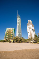 Gold Coast, Queensland/Australia - 15 January 2018: Morning views of Surfers Paradise over incoming water on the Gold Coast, Australia.