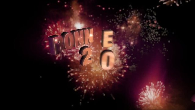 Seamless looping fireworks with the 3d animated text &ldquo;Bonne Ann&eacute;e 2026&rdquo; in 4K resolution
