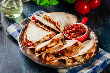 Mexican Quesadilla with chicken, sausage chorizo and red pepper