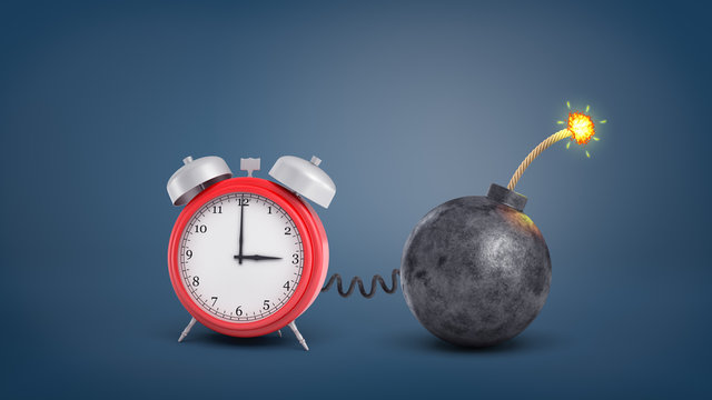 3d rendering of a large red retro alarm clock connected by wire to a round iron lit bomb.
