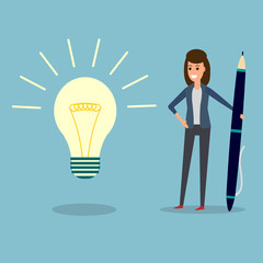 businesswoman, pen, idea bulb