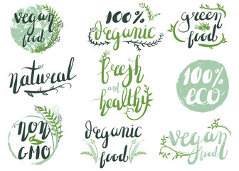 Natural organic labels. Organic food stickers and elements.Hand-lettering 