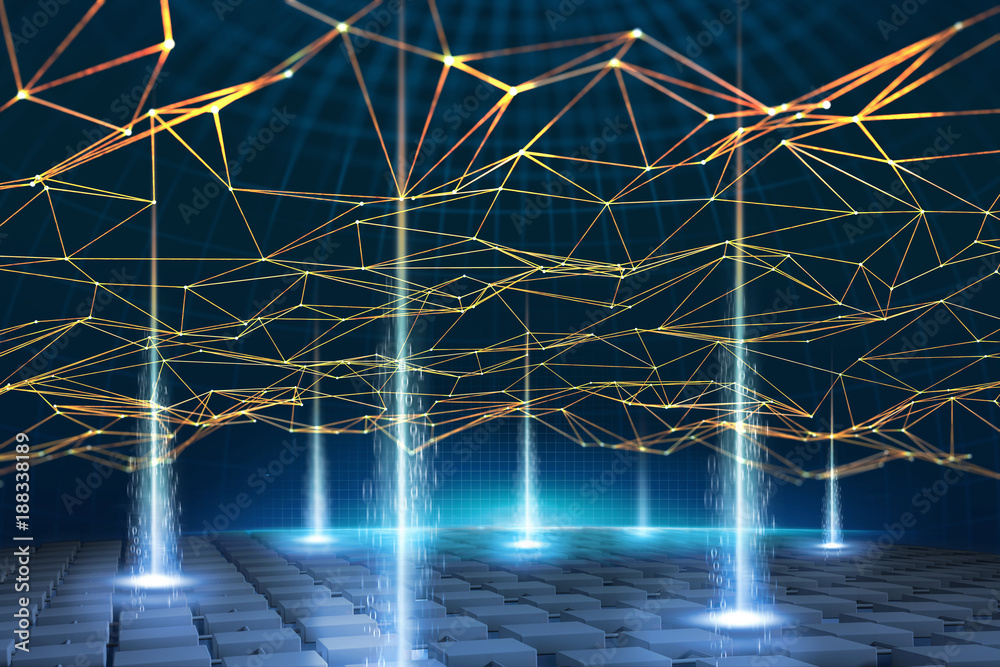Aufkleber Global information network is based on Blockchain technology. Visual concept of data processing and storage. Decentralized database. A polygon network merges many blocks into a global array