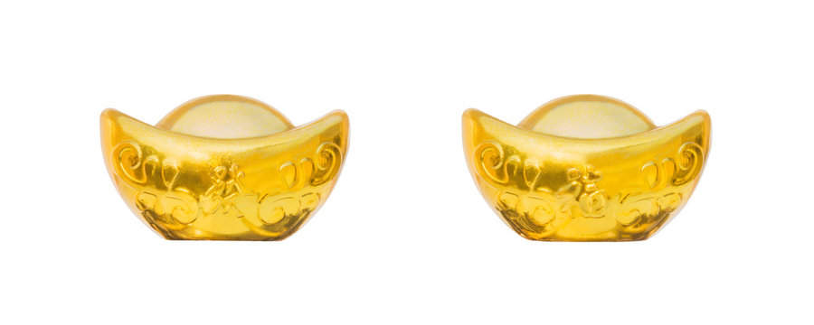 Golden Chinese wealth coins with words for lucky, wealthy, good fortune, and happiness on Chinese new year isolated on white background (Clipping paths included), asian money finance object concept