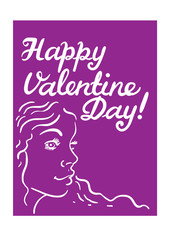 Greeting card Valentine's Day. Image of a young girl's head and a hand-written inscription of a happy Valentine's Day