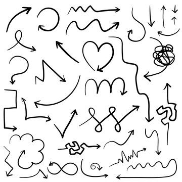 Big set of vector digital hand drawn arrows. Heart shape, cardiogram, complicated, wavy and zigzag arrows group for diagrams, presentation design