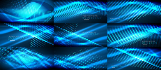 Set of blue neon smooth wave digital abstract backgrounds
