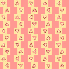 Vector seamless pink pattern with hearts on a light yellow background for Valentine's Day.
