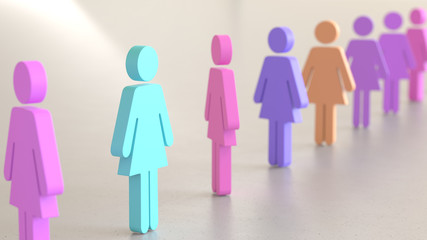 Line of Vibrantly Colored Woman Symbols on Simple Light Grey Surface