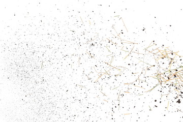 Dry green and yellow grass with dirt pile isolated on white background, top view