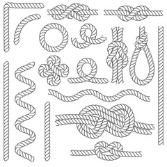 Rope Knots Borders Black Thin Line Icon Set. Vector