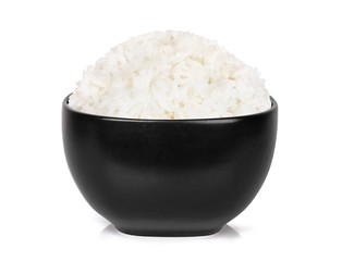 rice in the black bowl isolated on white background