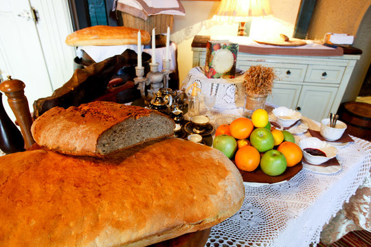 Homemade bread and friuit served on table in restaurant or hotel for breakfast