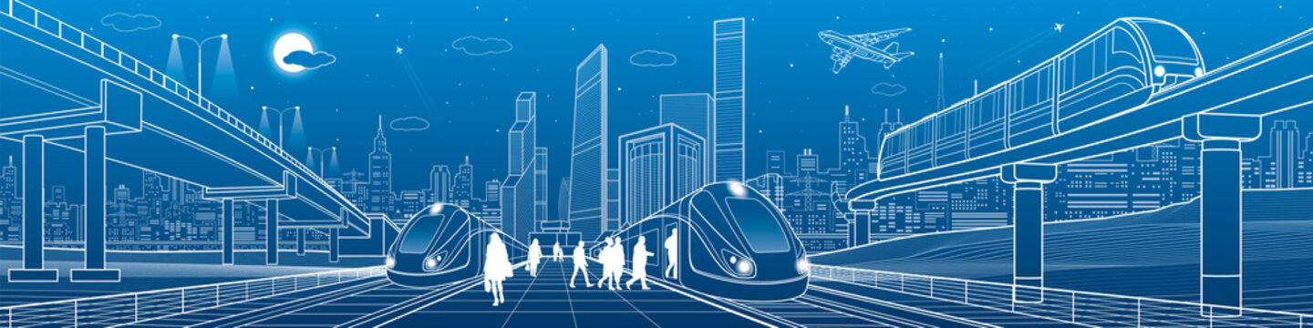 Trains ride on railroad. Passengers at station. Transport overpass. Monorail move. Urban infrastructure, modern city on background, industrial architecture. White lines, town scene, vector design art
