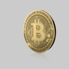 Isolated Gold Bitcoin on an Unmarked Light Background With Reflection