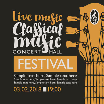 Vector banner for a music festival with the inscriptions Live music Classical music, neck of the guitar and place for text in retro style