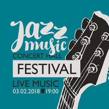 Vector banner for a live music festival with the inscription Jazz music and neck of the guitar in retro style