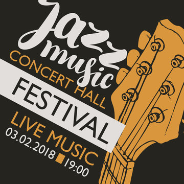 Vector banner for a live music festival with the inscription Jazz music and neck of the guitar in retro style