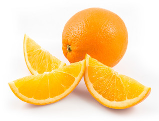 Whole orange fruits and orange fruit slices isolated on white background cutout