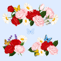 Romantic flowers bouquets  with roses, chamomile and butterflies. Vector floral collection. 