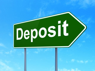 Money concept: Deposit on green road highway sign, clear blue sky background, 3D rendering