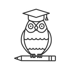 Owl in graduation cap on pencil linear icon
